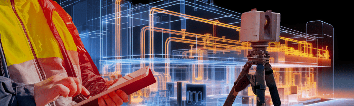 A man standing up in construction gear touches a tablet with a laser scanning camera propped up next to him. Blue and orange pipes are in the background.