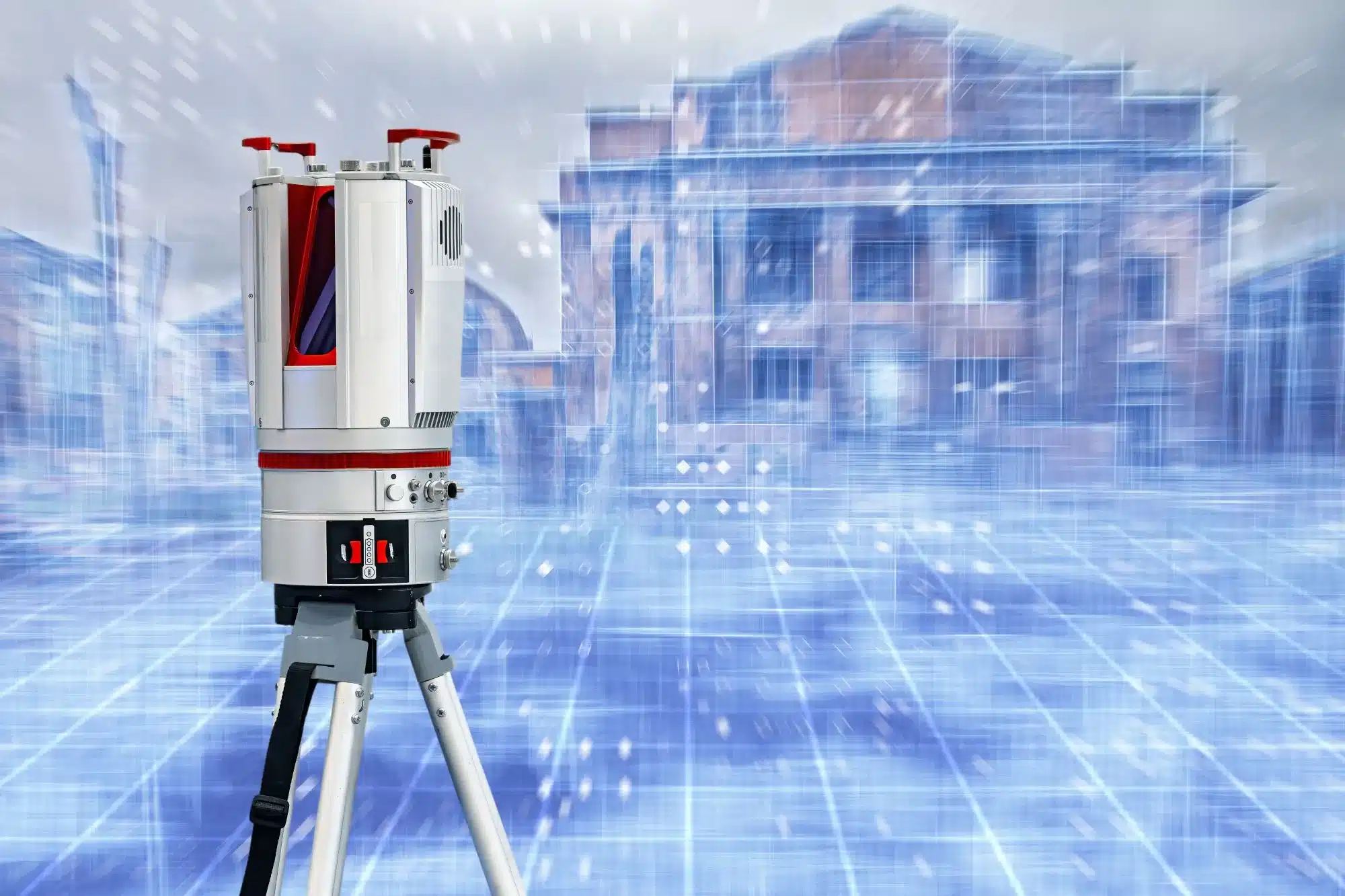 A 3D laser scanner set up in front of a building with point cloud data overlaying the image.